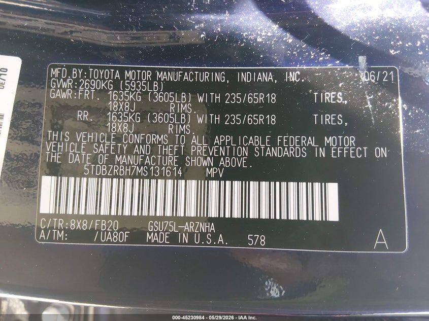 2021 Toyota Highlander VIN 5TDBZRBH7MS131614 IAAI salvage auction — REAR END, Salvage Title, sold $7,000 on 2026-07-25 (photo 9)