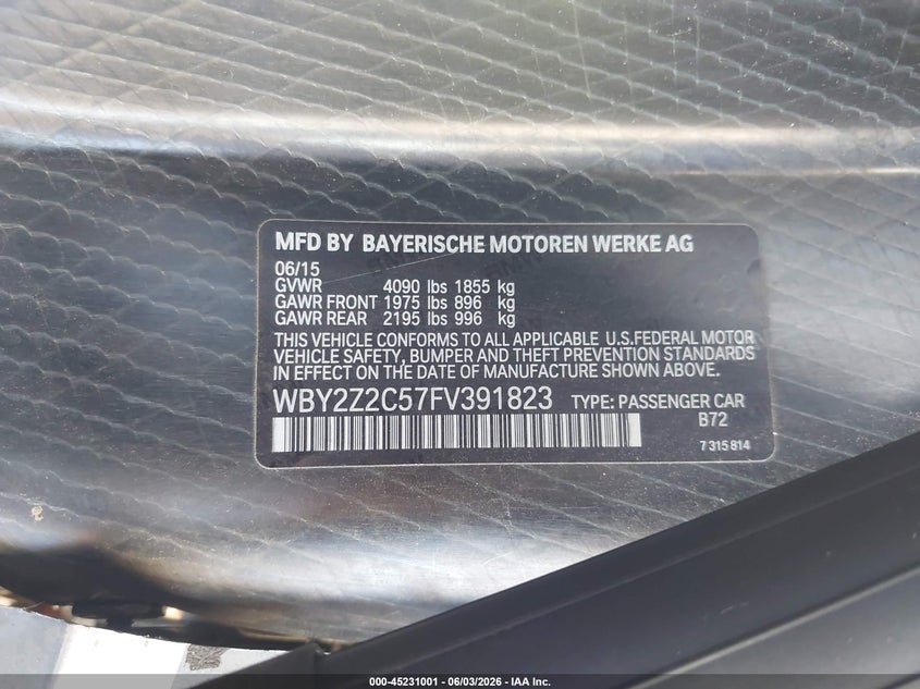2015 BMW I8 VIN WBY2Z2C57FV391823 IAAI salvage auction — FRONT END, Salvage Title, sold $19,100 on 2026-08-02 (photo 9)