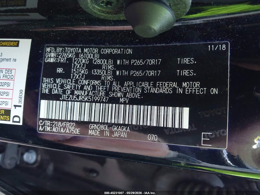 2019 Toyota 4runner VIN JTEZU5JR5K5199747 IAAI salvage auction — ROLLOVER, Salvage Title, sold $3,950 on 2026-07-30 (photo 9)