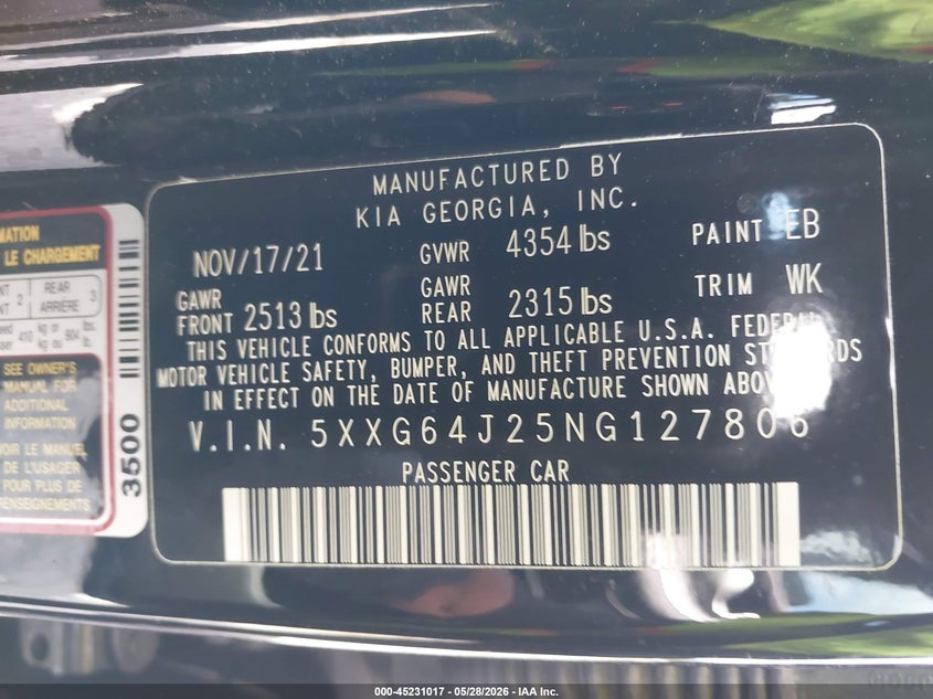 2022 Kia K5 VIN 5XXG64J25NG127806 IAAI salvage auction — REAR END, Salvage (Georgia), sold $4,200 on 2026-07-26 (photo 9)