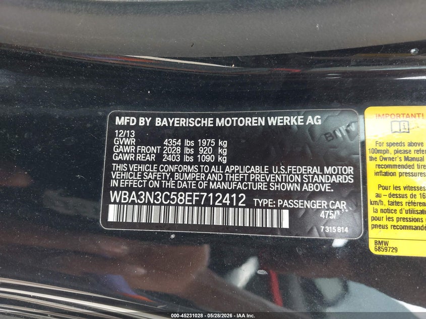 2014 BMW 4er VIN WBA3N3C58EF712412 IAAI salvage auction — FRONT END, Salvage Title, sold $700 on 2026-07-15 (photo 9)
