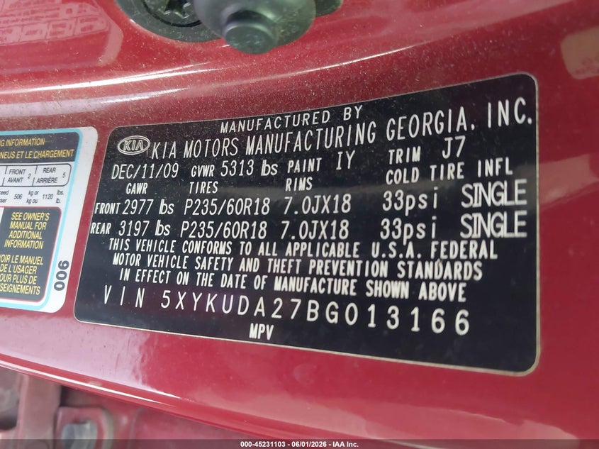 2011 Kia Sorento VIN 5XYKUDA27BG013166 IAAI salvage auction — NORMAL WEAR, Clear (Virginia), sold $450 on 2026-07-07 (photo 9)