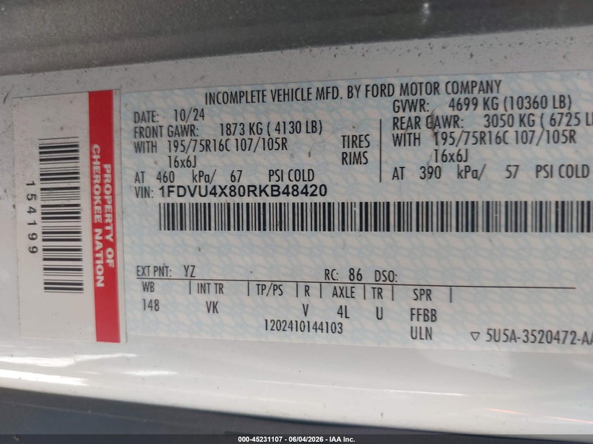 2024 Ford Transit VIN 1FDVU4X80RKB48420 IAAI salvage auction — ROLLOVER, Salvage Title, sold $7,100 on 2026-09-29 (photo 9)