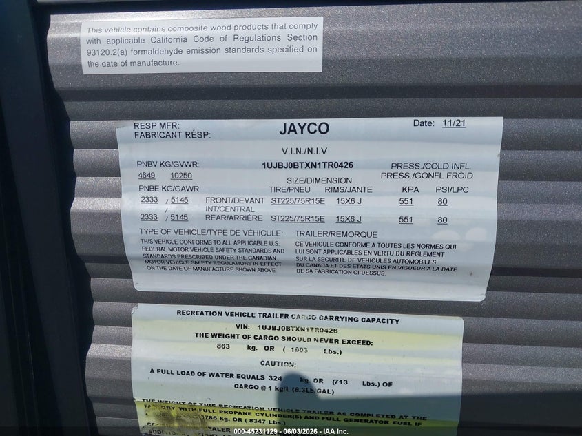 2022 Jayco Camper VIN 1UJBJ0BTXN1TR0426 IAAI salvage auction — UNKNOWN, Mv-907A (New York), sold $4,150 on 2026-07-08 (photo 9)