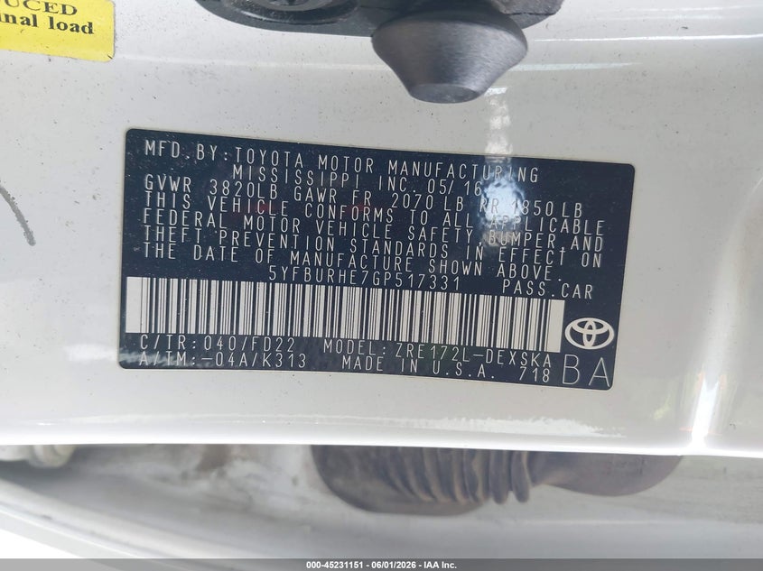 2016 Toyota Corolla VIN 5YFBURHE7GP517331 IAAI salvage auction — REAR END, Salvage Title, sold $4,050 on 2026-07-22 (photo 9)