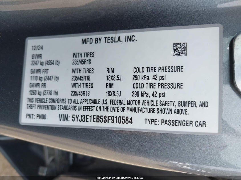 2025 Tesla Model 3 VIN 5YJ3E1EB5SF910584 IAAI salvage auction — FRONT END, Salvage (Massachusetts), sold $14,300 on 2026-07-31 (photo 9)