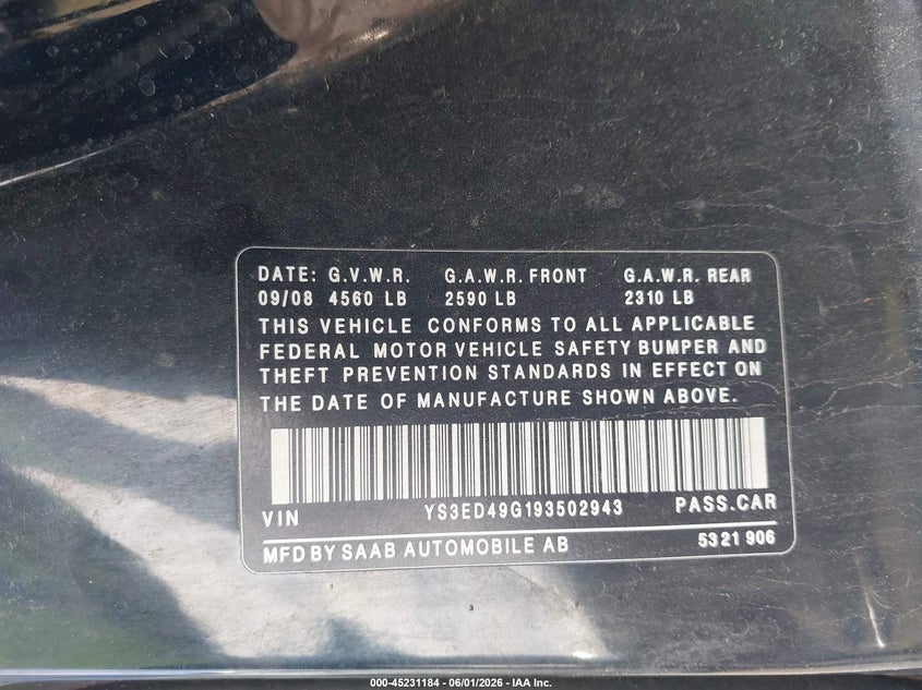 2009 Saab 9-5 VIN YS3ED49G193502943 IAAI salvage auction — REAR END, Salvage (Ohio), sold $200 on 2026-07-28 (photo 9)