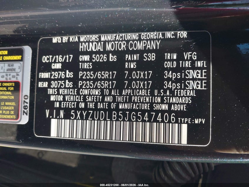 2018 Hyundai Santa fe VIN 5XYZUDLB5JG547406 IAAI salvage auction — RIGHT REAR, Mv-907A (New York), sold $3,325 on 2026-07-30 (photo 9)