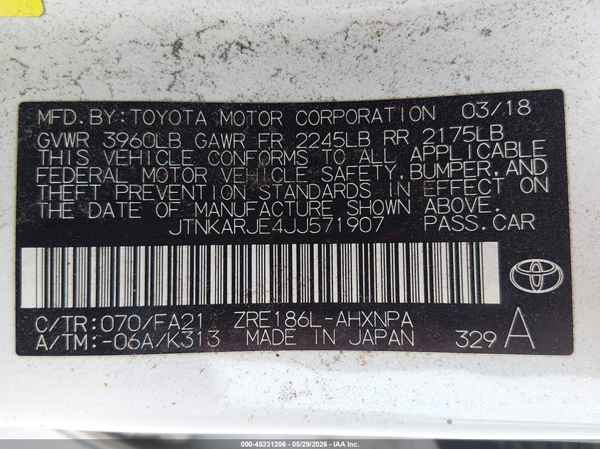 2018 Toyota Corolla VIN JTNKARJE4JJ571907 IAAI salvage auction — RIGHT SIDE, Original (Texas), sold $3,550 on 2026-07-14 (photo 9)