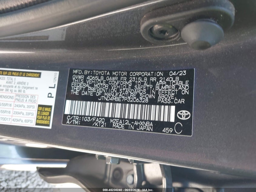 2023 Toyota Corolla VIN JTND4MBE7P3206328 IAAI salvage auction — FRONT END, Salvage (Hawaii), sold $1,225 on 2026-08-01 (photo 9)