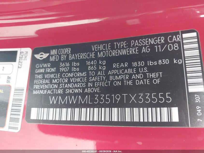 2009 Mini Cooper clubman VIN WMWML33519TX33555 IAAI salvage auction — NORMAL WEAR, Salvage (California), sold $350 on 2026-07-13 (photo 9)