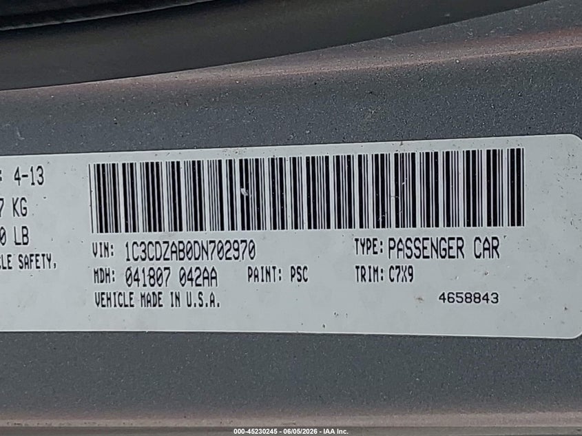 2013 Dodge Avenger VIN 1C3CDZAB0DN702970 IAAI salvage auction — RIGHT SIDE, Salvage Title, sold $300 on 2026-08-01 (photo 9)