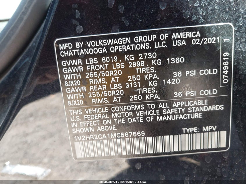 2021 Volkswagen Atlas VIN 1V2HR2CA1MC567569 IAAI salvage auction — HAIL, Salvage Title, sold $1,150 on 2026-07-27 (photo 9)