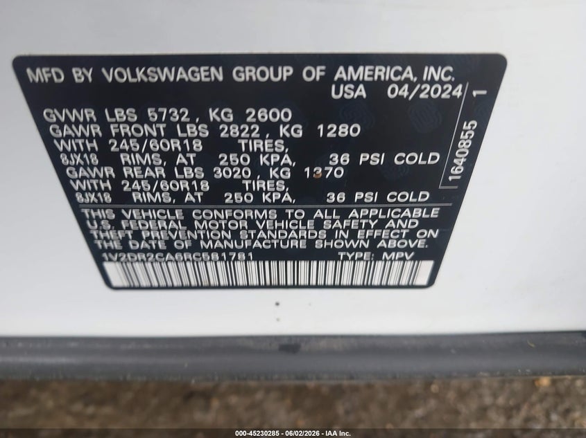 2024 Volkswagen Atlas VIN 1V2DR2CA6RC581781 IAAI salvage auction — RIGHT SIDE, Salvage Title, sold $4,900 on 2026-07-12 (photo 9)