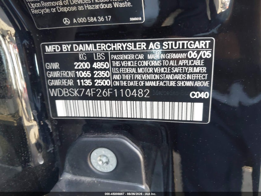 2006 Mercedes-benz Sl-class VIN WDBSK74F26F110482 IAAI salvage auction — EXTERIOR BURN, Non-Repairable (California), sold $7,500 on 2026-07-29 (photo 9)