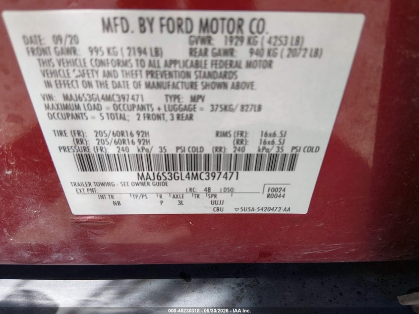 2021 Ford Ecosport VIN MAJ6S3GL4MC397471 IAAI salvage auction — HAIL, Salvage Title, sold $900 on 2026-07-24 (photo 9)
