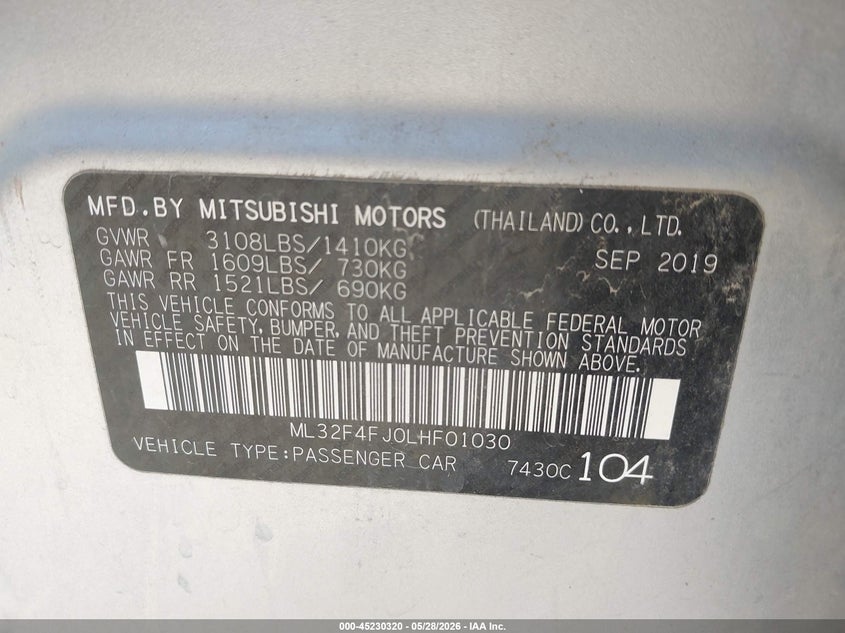 2020 Mitsubishi Mirage VIN ML32F4FJ0LHF01030 IAAI salvage auction — REAR END, Salvage Title, sold $1,950 on 2026-07-06 (photo 9)