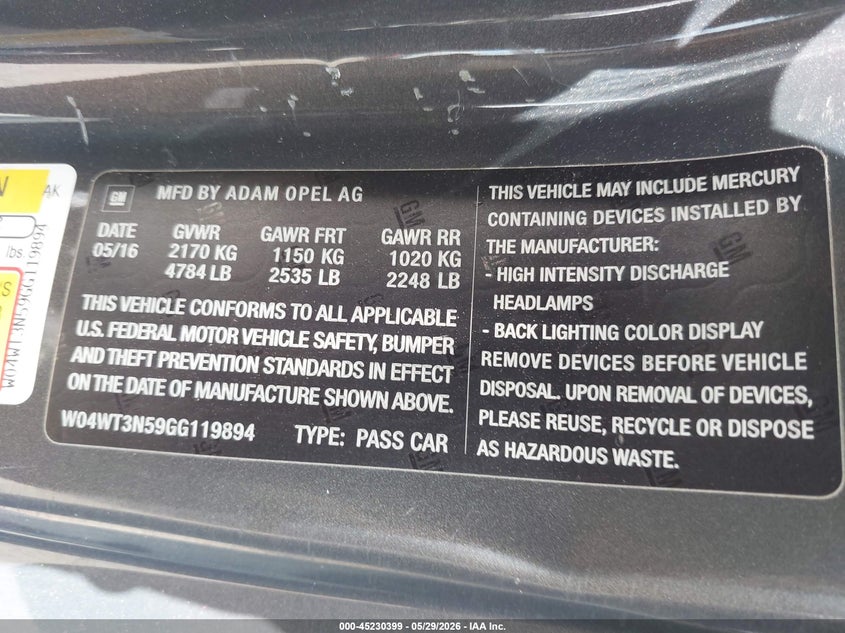 2016 Buick Cascada VIN W04WT3N59GG119894 IAAI salvage auction — SIDE, Salvage Title, sold $2,075 on 2026-07-22 (photo 9)
