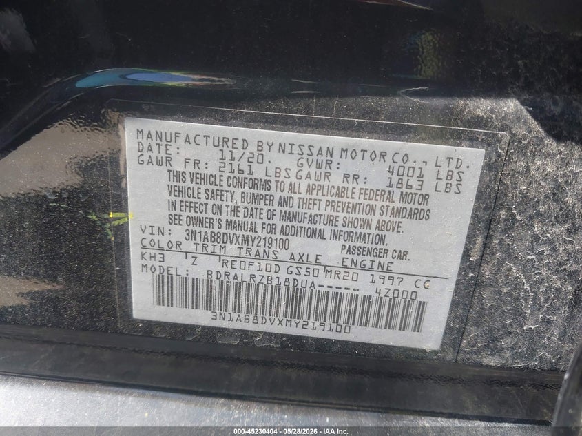 2021 Nissan Sentra VIN 3N1AB8DVXMY219100 IAAI salvage auction — REAR END, Salvage Title, sold $3,625 on 2026-07-22 (photo 9)