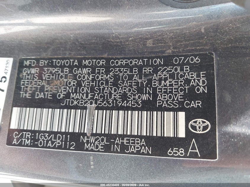 2006 Toyota Prius VIN JTDKB20U563194453 IAAI salvage auction — NORMAL WEAR, Clear (Utah), sold $75 on 2026-07-18 (photo 9)