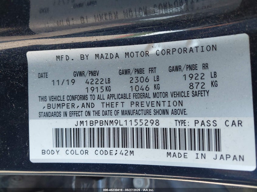 2020 Mazda 3 VIN JM1BPBNM9L1155298 IAAI salvage auction — NORMAL WEAR, Clear (New Jersey), sold $3,525 on 2026-07-09 (photo 9)