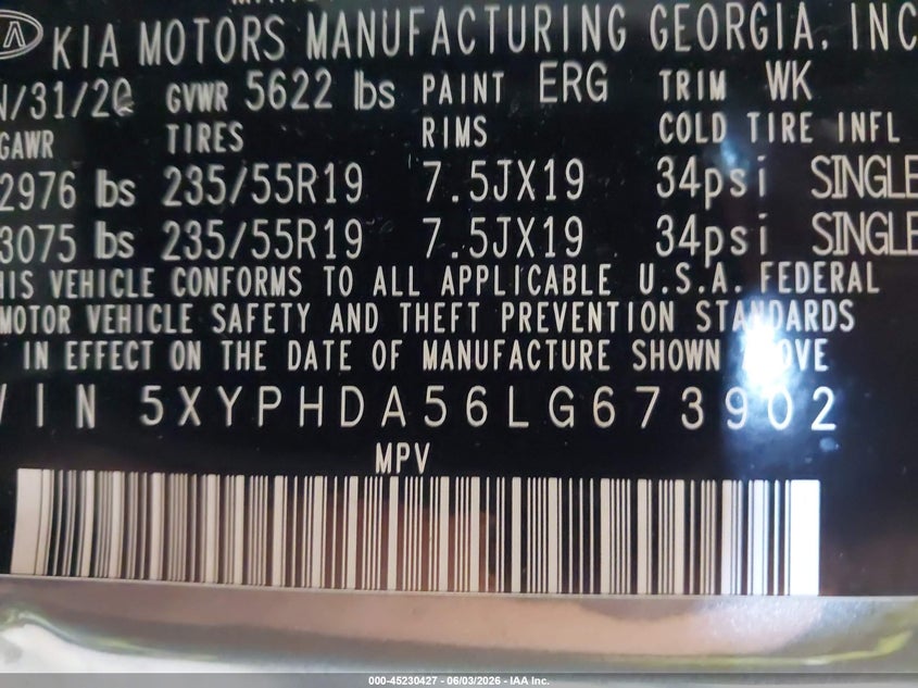 2020 Kia Sorento VIN 5XYPHDA56LG673902 IAAI salvage auction — RIGHT SIDE, Salvage Title, sold $4,250 on 2026-07-08 (photo 9)
