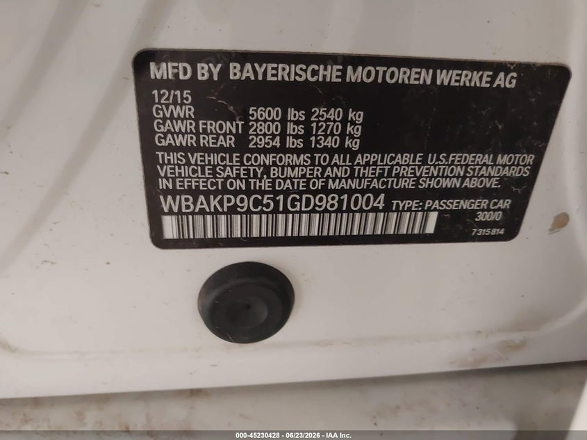2016 BMW VIN WBAKP9C51GD981004 IAAI salvage auction — REAR END, Original (West Virginia), sold $3,350 on 2026-07-08 (photo 9)