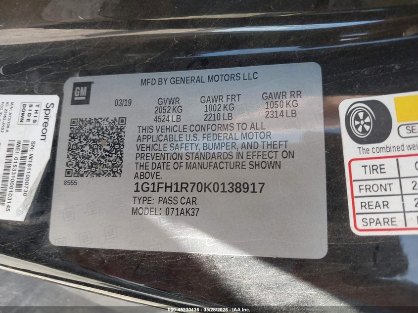 2019 Chevrolet Camaro VIN 1G1FH1R70K0138917 IAAI salvage auction — RIGHT SIDE, Salvage Title, sold $7,200 on 2026-07-27 (photo 9)