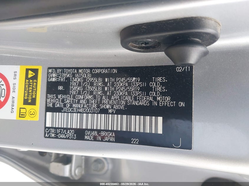2011 Toyota Highlander VIN JTEDC3EH4B2003107 IAAI salvage auction — RIGHT FRONT, Salvage (California), sold $5,500 on 2026-07-20 (photo 9)