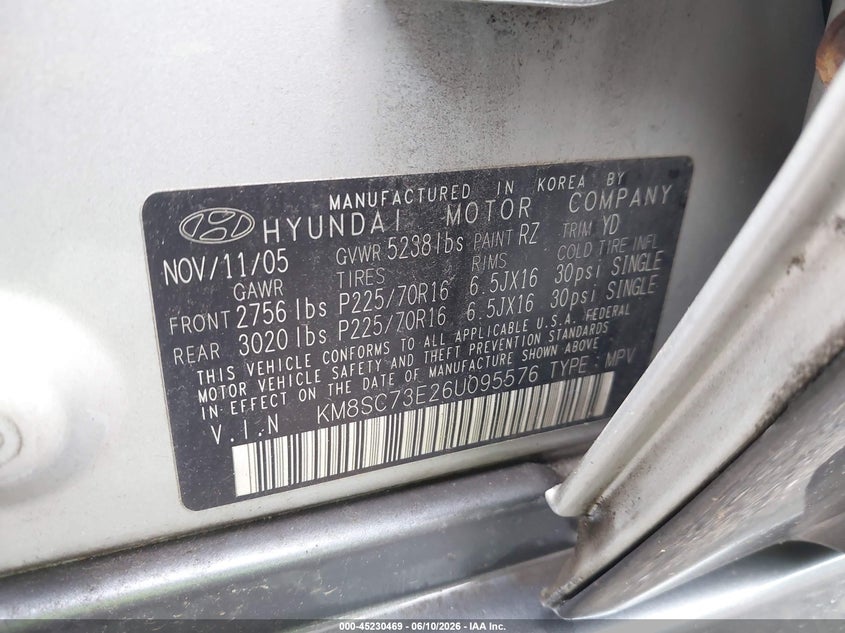 2006 Hyundai Santa fe VIN KM8SC73E26U095576 IAAI salvage auction — REPOSSESSION, Clear (Virginia), sold $25 on 2026-07-28 (photo 9)