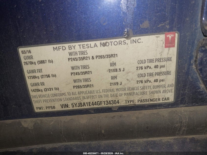 2016 Tesla Model s VIN 5YJSA1E44GF134304 IAAI salvage auction — FRONT END, Salvage (Arizona), sold $2,050 on 2026-07-28 (photo 9)