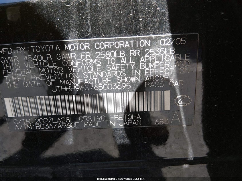 2006 Lexus Gs 300 VIN JTHBH96S765003695 IAAI salvage auction — NORMAL WEAR, Clear (California), sold $25 on 2026-07-24 (photo 9)