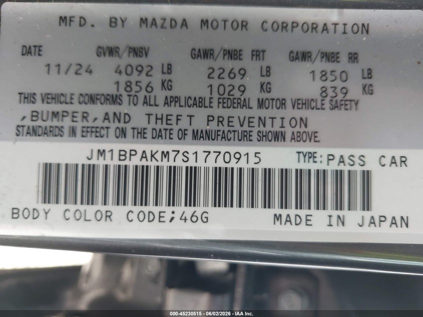 2025 Mazda 3 VIN JM1BPAKM7S1770915 IAAI salvage auction — FRONT END, Salvage Title, sold $2,375 on 2026-07-20 (photo 9)