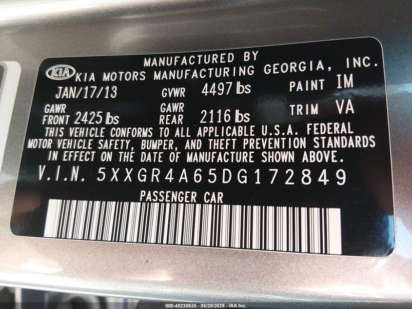 2013 Kia Optima VIN 5XXGR4A65DG172849 IAAI salvage auction — RIGHT SIDE, Salvage (Texas), sold $550 on 2026-07-28 (photo 9)