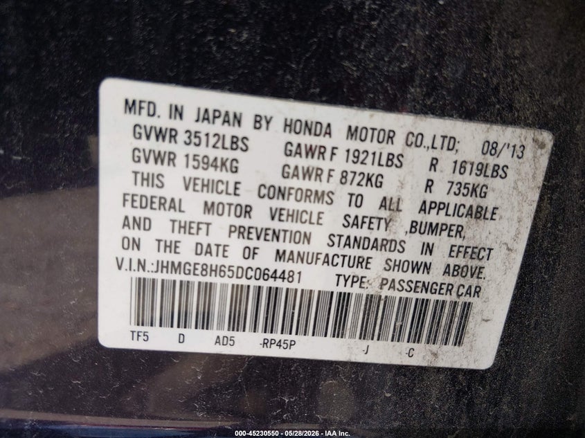 2013 Honda Fit VIN JHMGE8H65DC064481 IAAI salvage auction — FRONT END, Salvage Title, sold $1,200 on 2026-07-21 (photo 9)