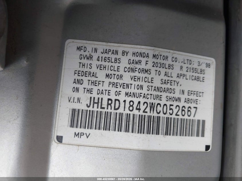 1998 Honda Cr-v VIN JHLRD1842WC052667 IAAI salvage auction — NORMAL WEAR, Salvage (California), sold $1,000 on 2026-07-16 (photo 9)