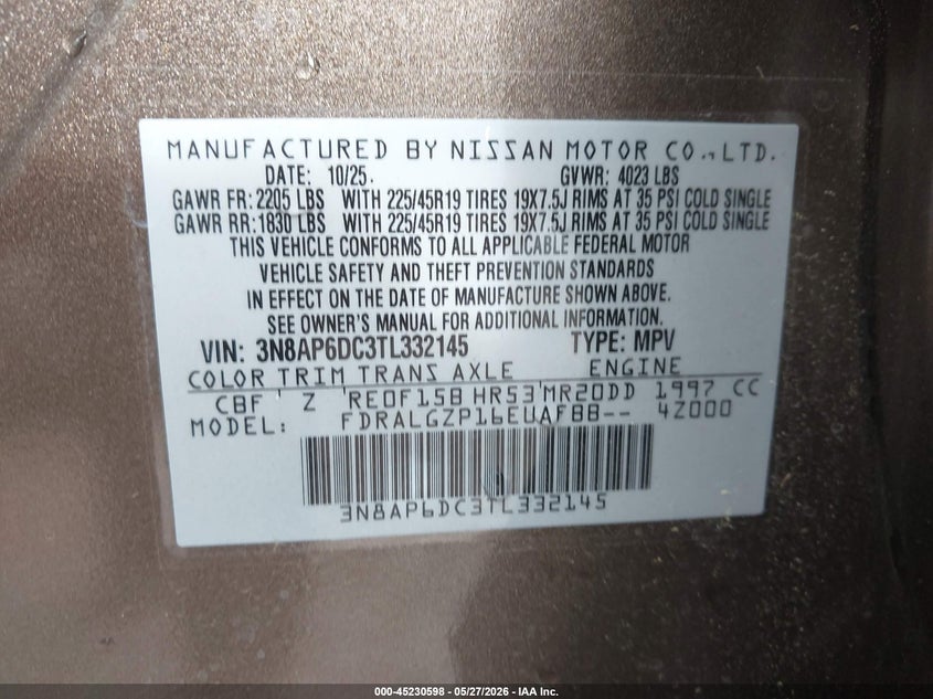 2026 Nissan Kicks VIN 3N8AP6DC3TL332145 IAAI salvage auction — RIGHT SIDE, Salvage (Alabama), sold $7,175 on 2026-07-29 (photo 7)