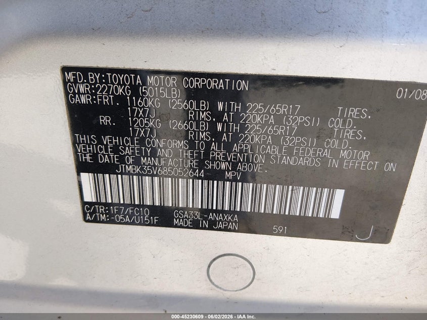 2008 Toyota Rav4 VIN JTMBK35V685052644 IAAI salvage auction — NORMAL WEAR, Affidavit In Lieu Of Title - Non-Public (Washington), sold $2,000 on 2026-07-29 (photo 9)