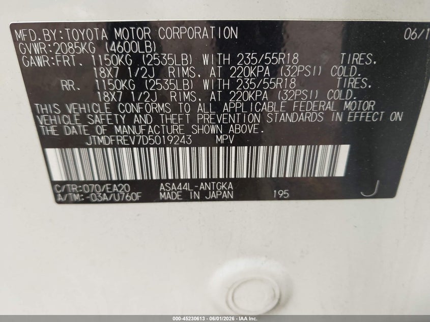 2013 Toyota Rav 4 VIN JTMDFREV7D5019243 IAAI salvage auction — HAIL, Salvage Title, sold $3,200 on 2026-07-22 (photo 9)