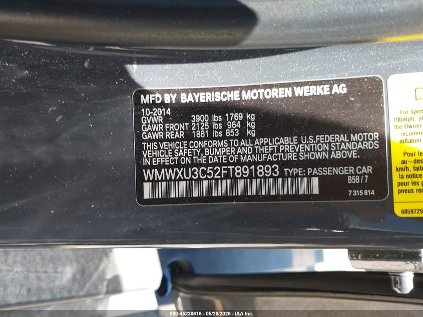 2015 Mini Hardtop VIN WMWXU3C52FT891893 IAAI salvage auction — NORMAL WEAR, Original (Texas), sold $975 on 2026-07-15 (photo 9)