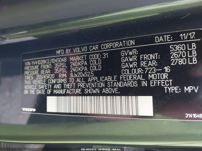 2018 Volvo Xc60 VIN YV4102RK2J1045048 IAAI salvage auction — FRONT END, Salvage Title, sold $3,350 on 2026-07-22 (photo 9)