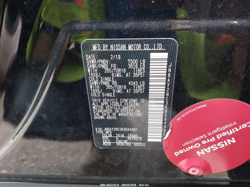 2019 Nissan Armada VIN JN8AY2NC3K9584991 IAAI salvage auction — REAR END, Salvage Title, sold $7,050 on 2026-07-22 (photo 9)