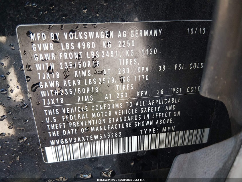 2014 Volkswagen Tiguan VIN WVGBV3AX7EW549282 IAAI salvage auction — SIDE, Clear (Virginia), sold $1,350 on 2026-07-24 (photo 9)