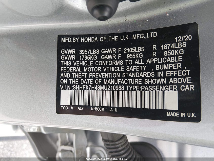 2021 Honda Civic VIN SHHFK7H43MU210988 IAAI salvage auction — REAR END, Salvage Title, sold $2,650 on 2026-07-22 (photo 9)