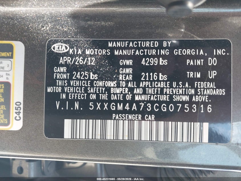 2012 Kia Optima VIN 5XXGM4A73CG075316 IAAI salvage auction — REAR END, Salvage (Pennsylvania), sold $600 on 2026-07-17 (photo 9)