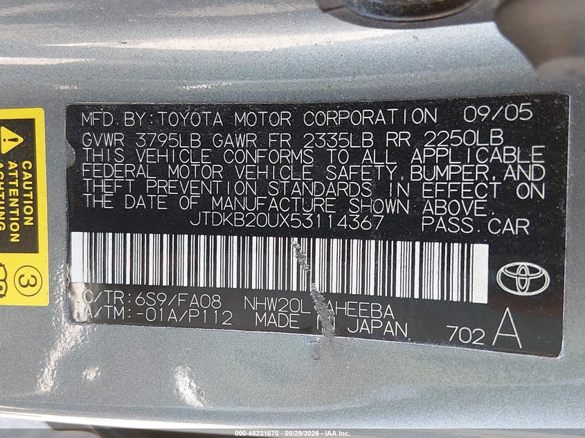 2005 Toyota Prius VIN JTDKB20UX53114367 IAAI salvage auction — FRONT END, Salvage (Texas), sold $525 on 2026-07-27 (photo 9)