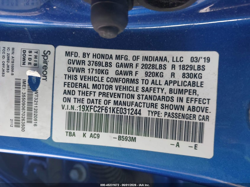 2019 Honda Civic VIN 19XFC2F61KE031244 IAAI salvage auction — FRONT & REAR, Salvage Title, sold $2,050 on 2026-07-23 (photo 9)