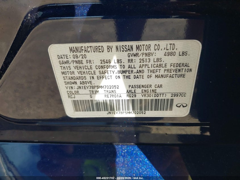 2021 Infiniti Q50 VIN JN1EV7BP5MM702052 IAAI salvage auction — FRONT END, Salvage Title, sold $2,950 on 2026-07-14 (photo 9)