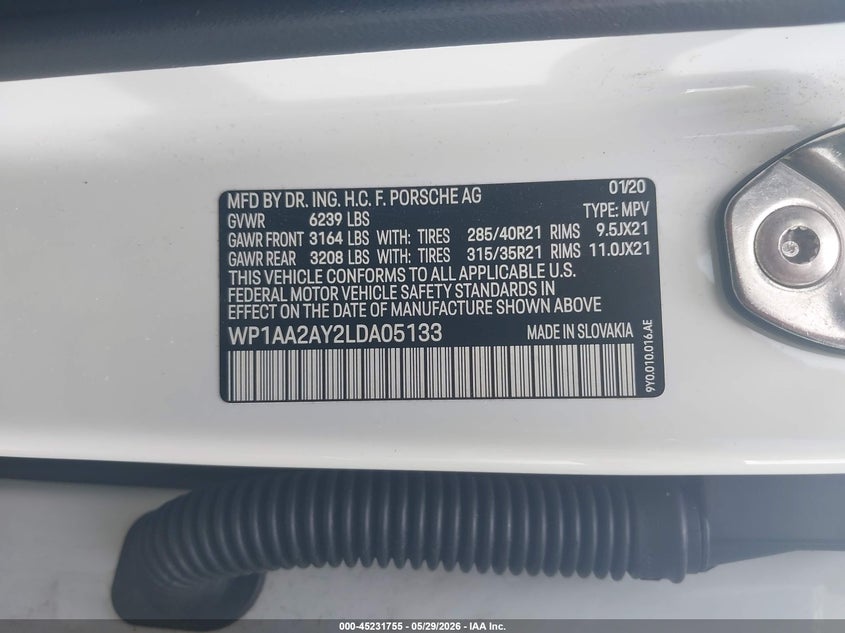 2020 Porsche Cayenne VIN WP1AA2AY2LDA05133 IAAI salvage auction — FRONT END, Salvage Title, sold $12,400 on 2026-07-28 (photo 9)