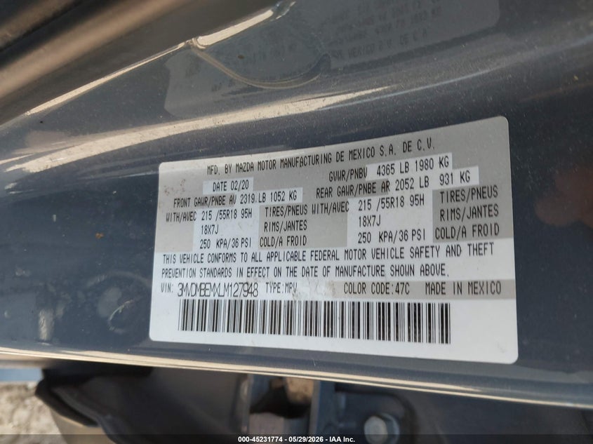 2020 Mazda Cx-30 VIN 3MVDMBEMXLM127948 IAAI salvage auction — FRONT END, Salvage Title, sold $25 on 2026-07-22 (photo 9)